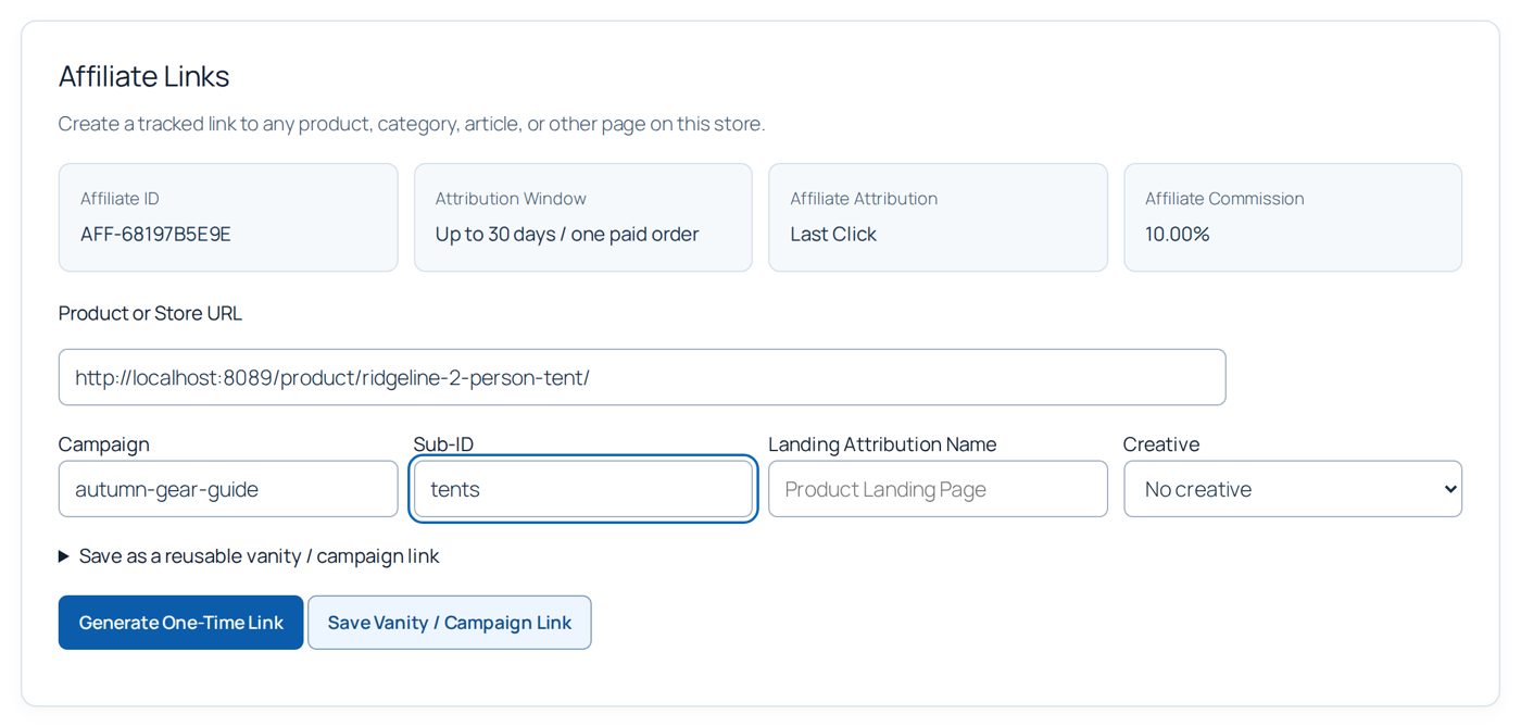 Affiliate Links: the tent page with a campaign and a sub-ID