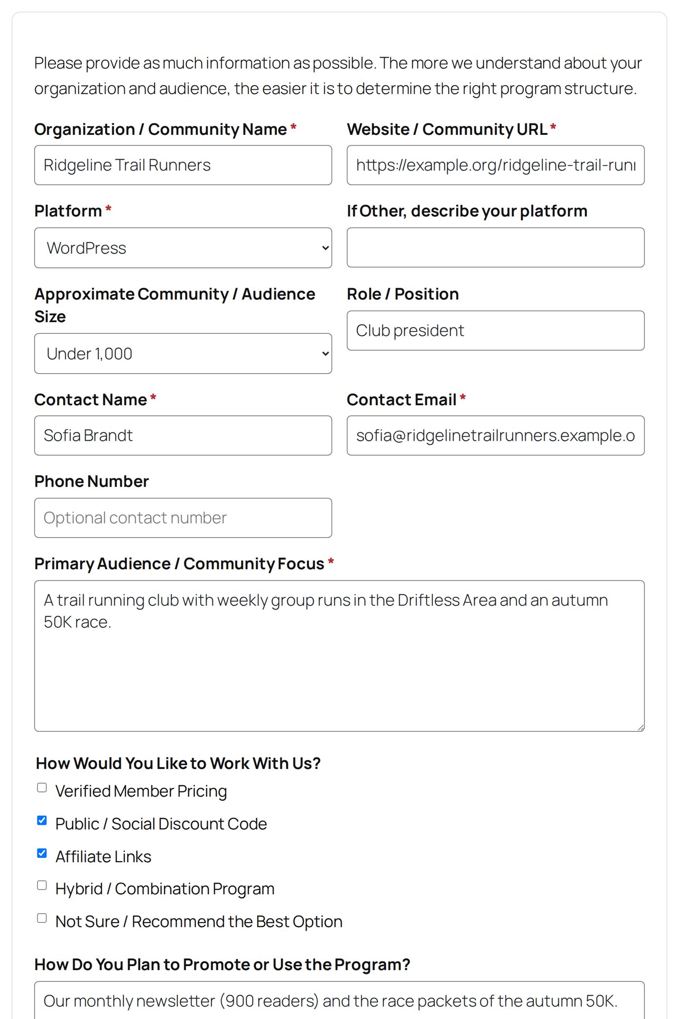 The application filled in