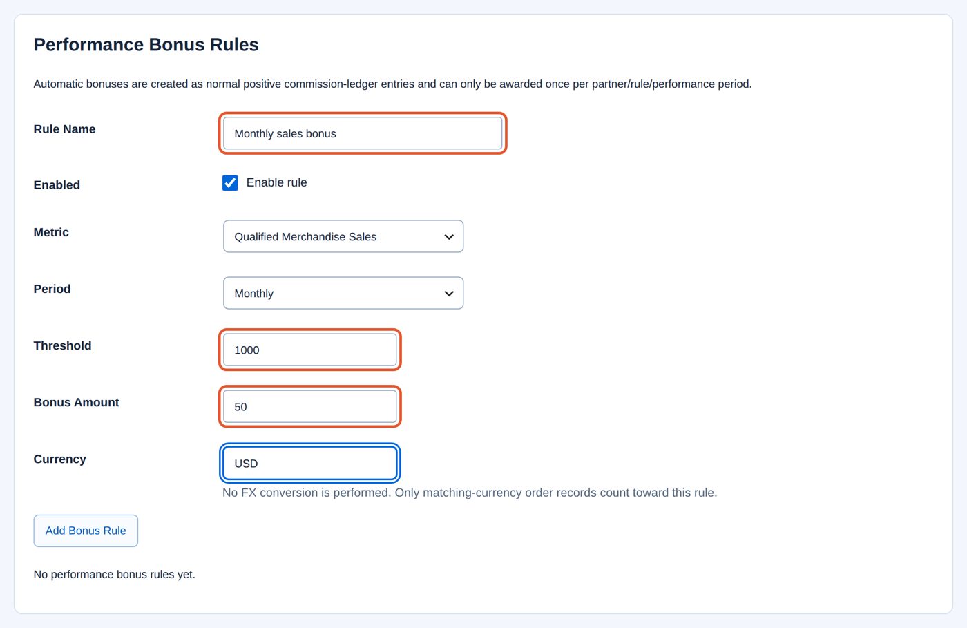 Performance Bonus Rules filled in