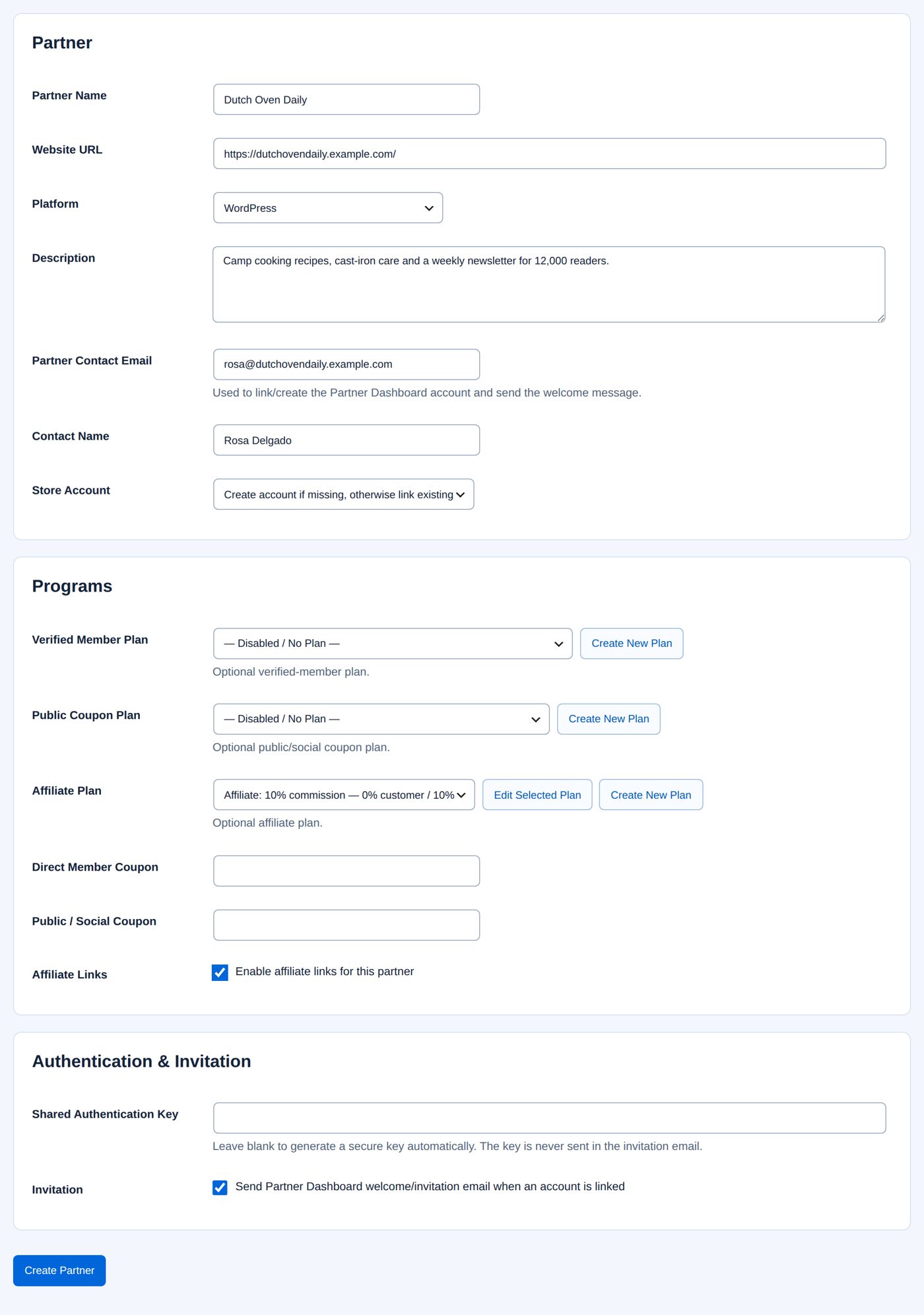 Add Partner Manually filled in