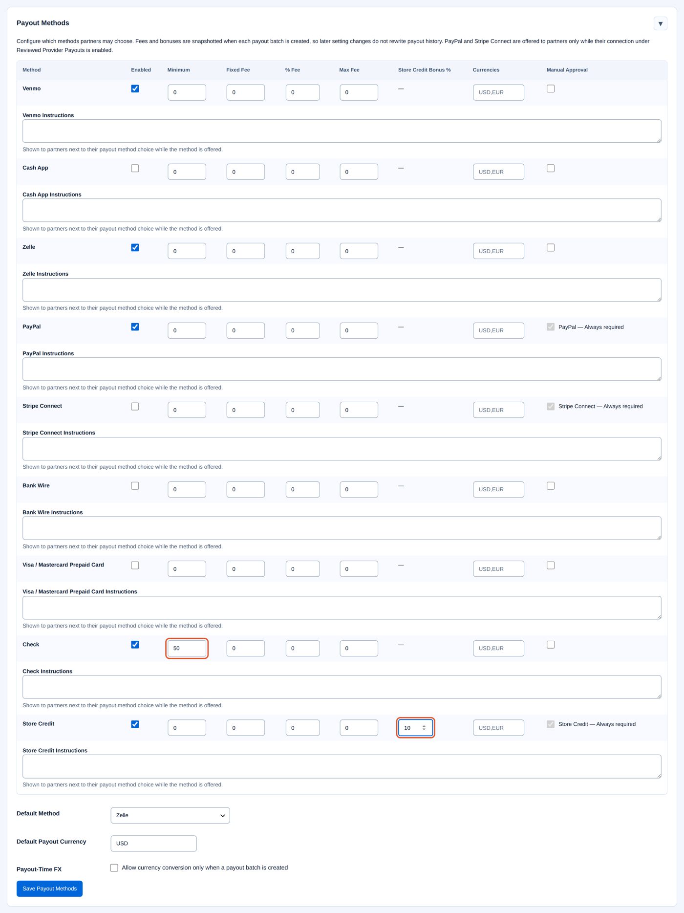 Payout Methods with the two changes