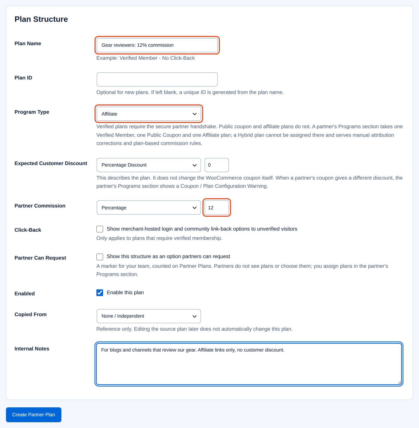 Add Partner Plan filled in