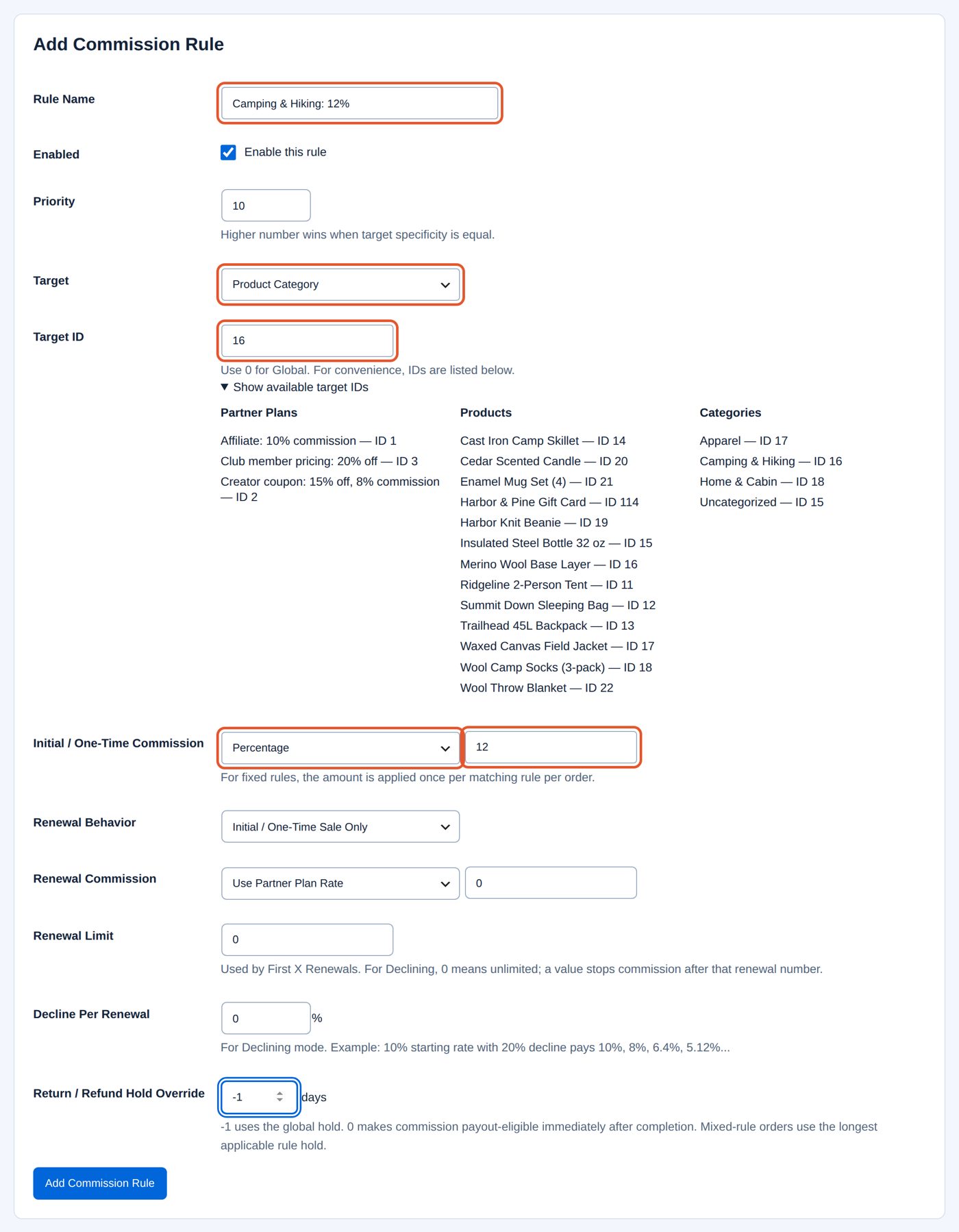 Add Commission Rule filled in