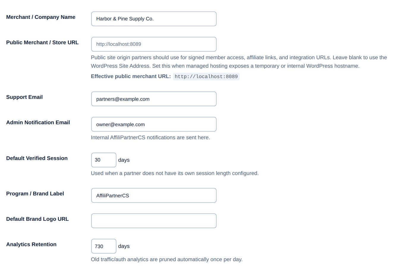 General Program Settings as Harbor & Pine has them