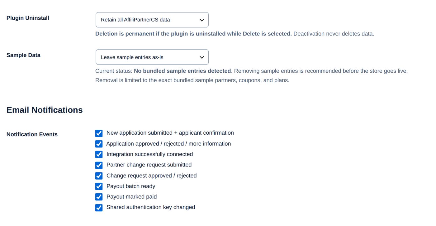 Plugin Uninstall, Sample Data and the email switches