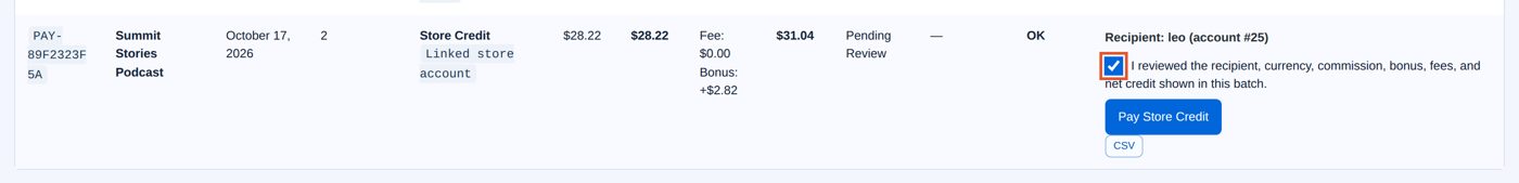 The store credit batch: recipient, bonus, net credit