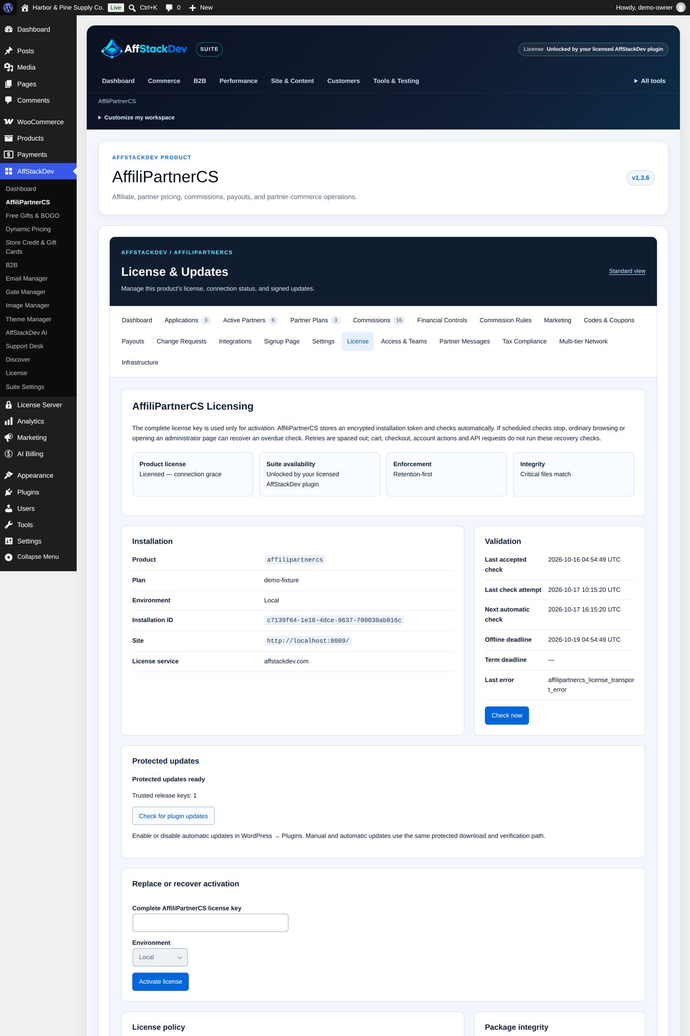 AffiliPartnerCS's License screen: status, installation, checks and the activation form