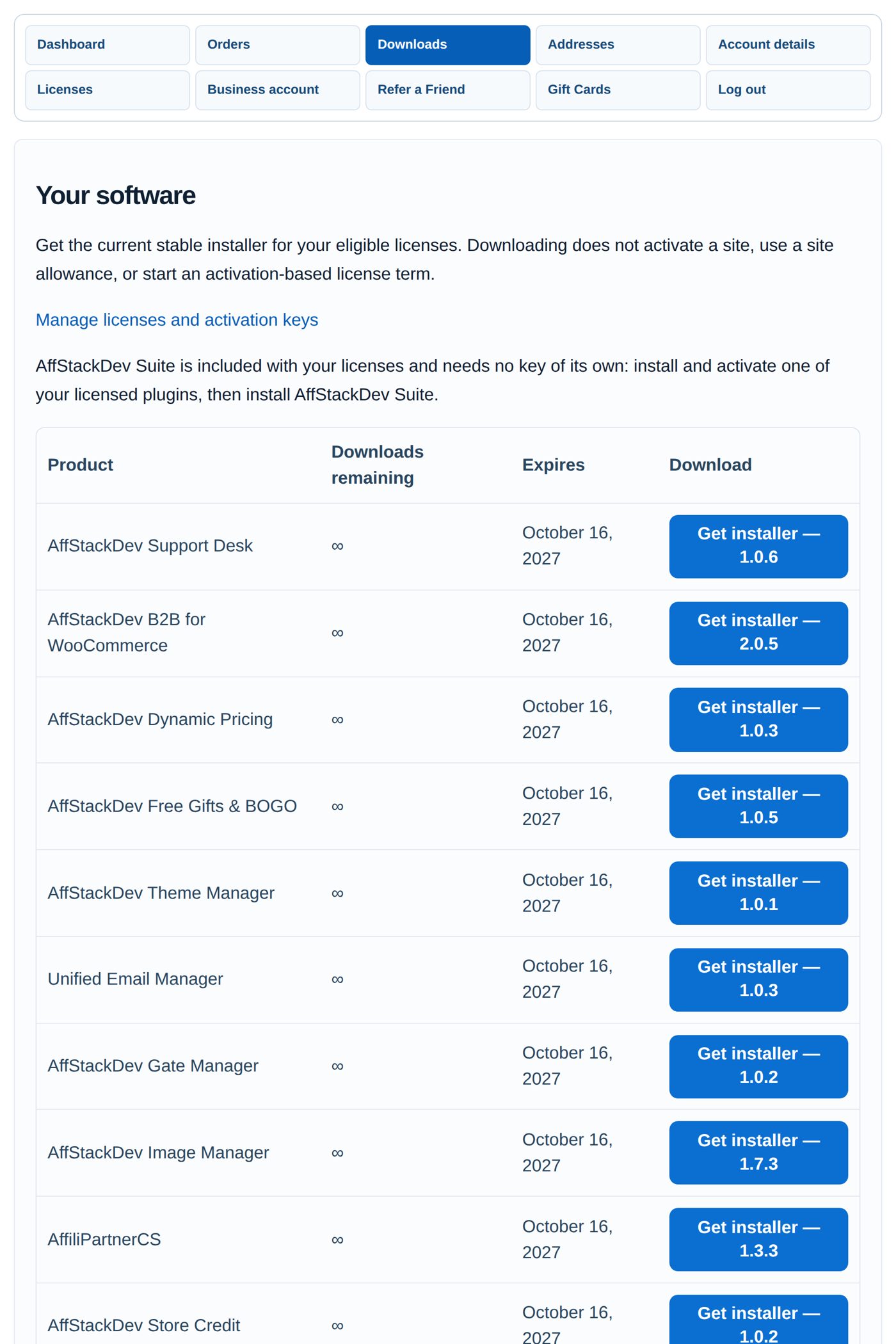 My Account → Downloads: one installer per plugin and the included Suite