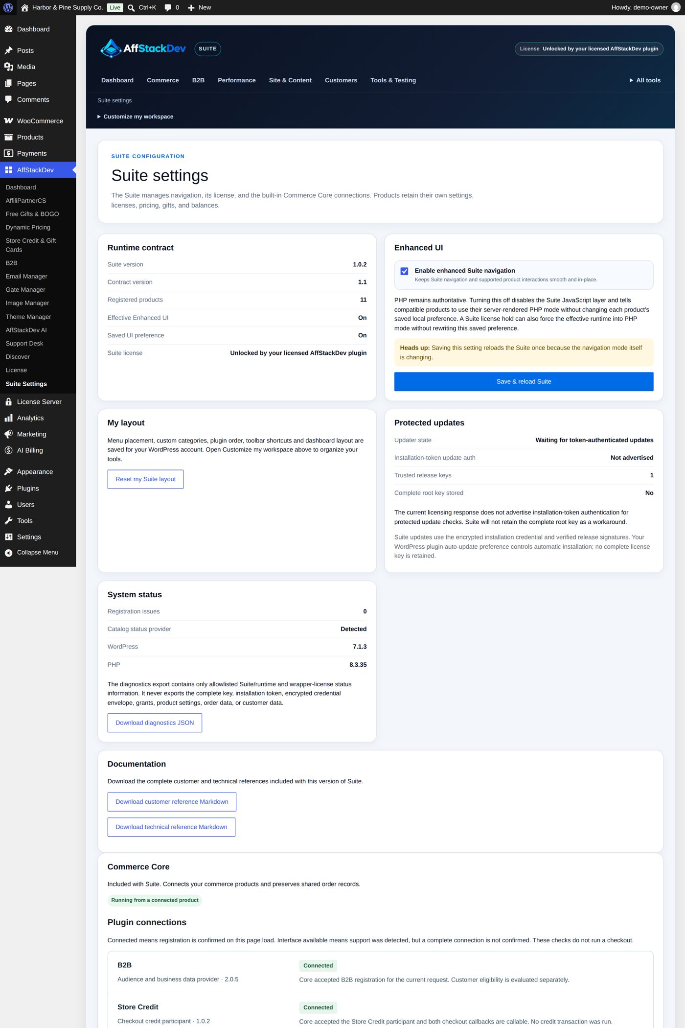 Suite settings: the enhanced navigation switch and the list of connected plugins