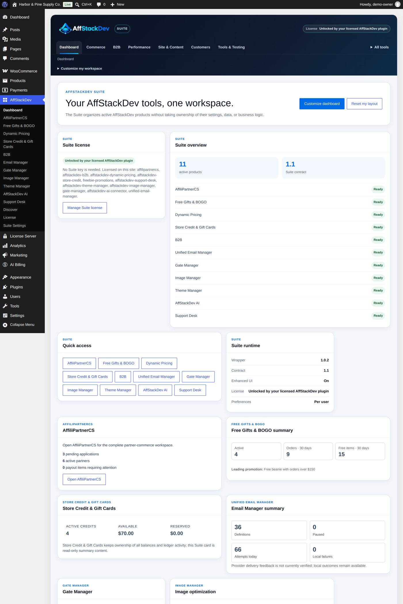 The Suite's dashboard: a card per plugin, and the plugins' tabs grouped by category