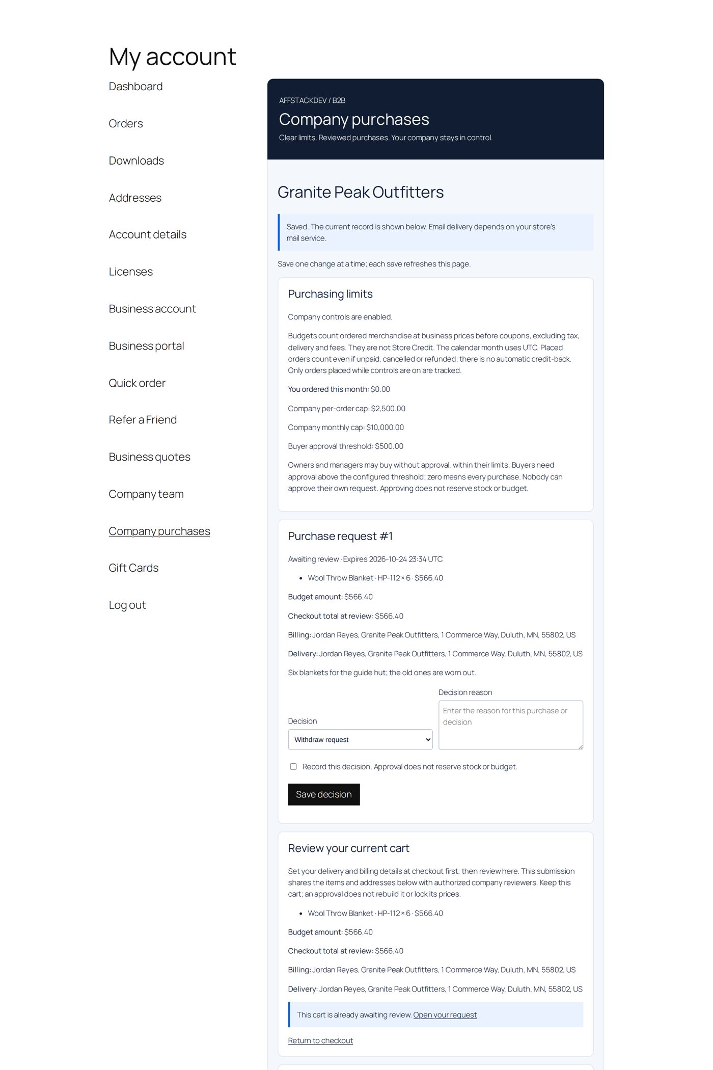 Request approval: the request waits for the company