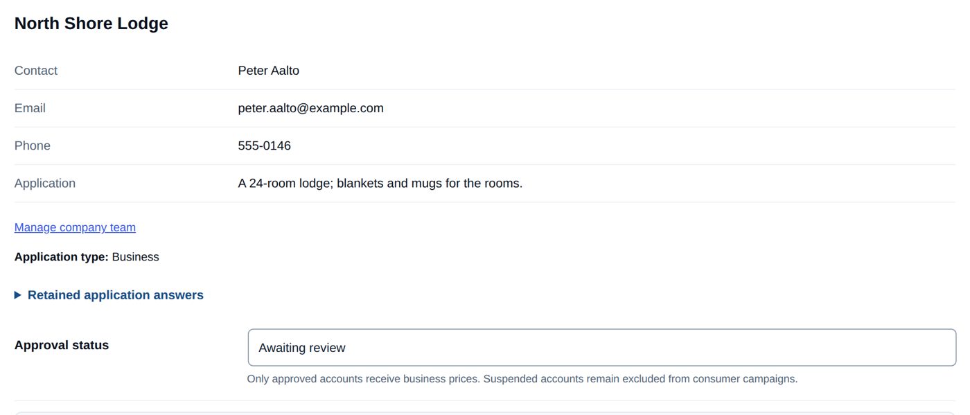 Accounts → North Shore Lodge: the application, waiting for review