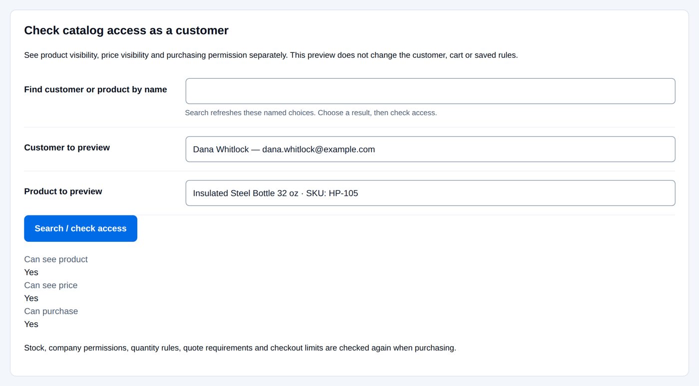 Check catalog access as a customer: Dana and the bottle