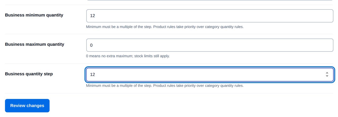 Business minimum quantity 12, quantity step 12