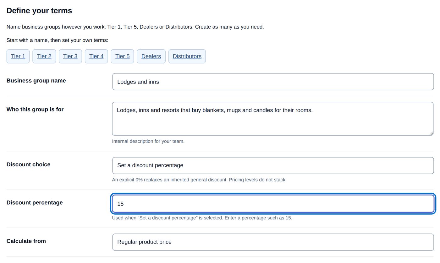 Business groups → Add new: the name, who it is for, 15% from the regular product price