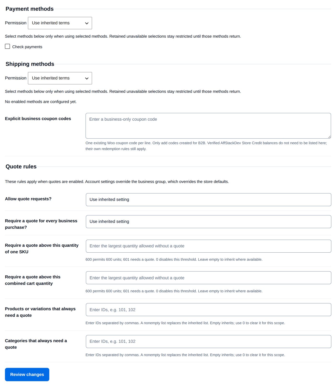 The rest of the form as a new group starts: payment and delivery methods, coupon codes, quote rules