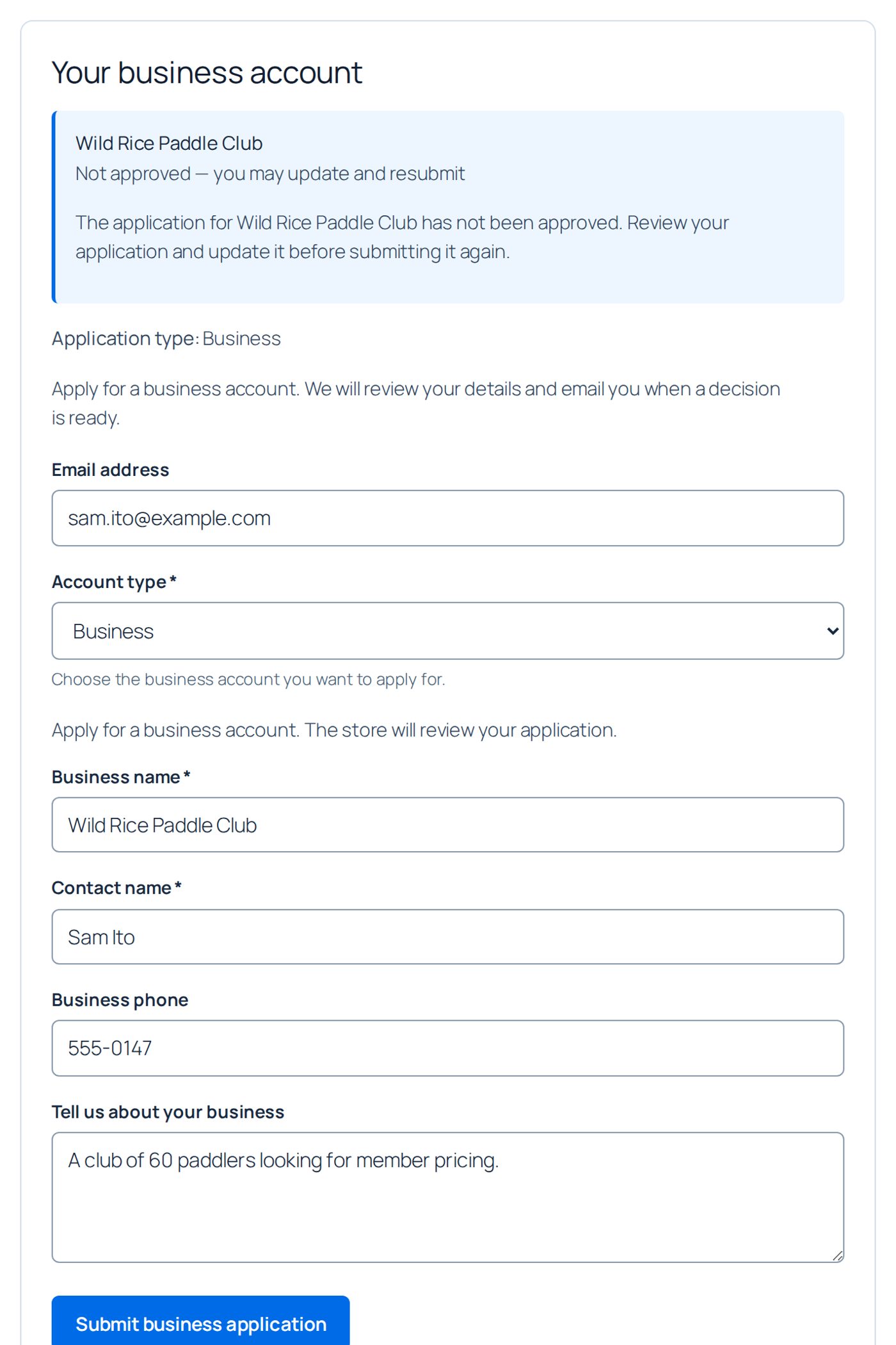 What Sam sees: the status, the message and the form to update and resubmit