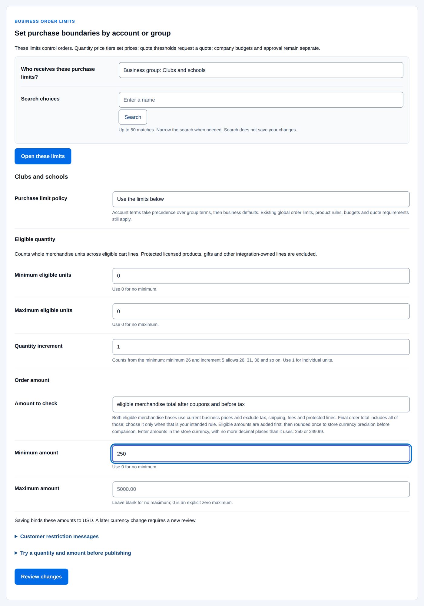 Purchasing → Business order limits for Clubs and schools: a $250 minimum