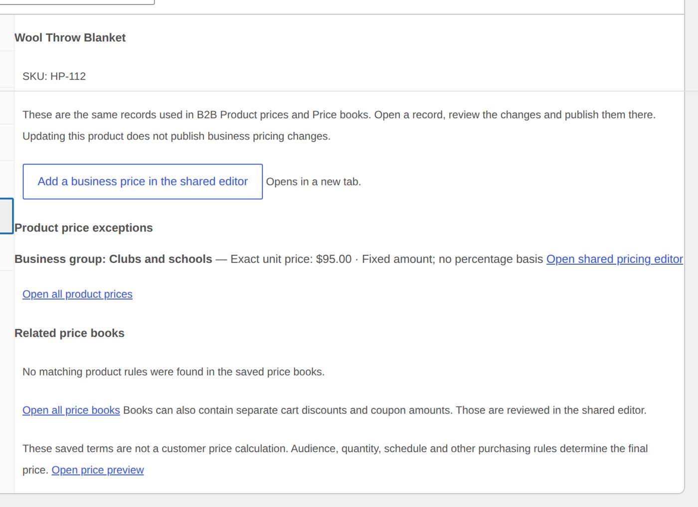 The product editor's Business pricing tab