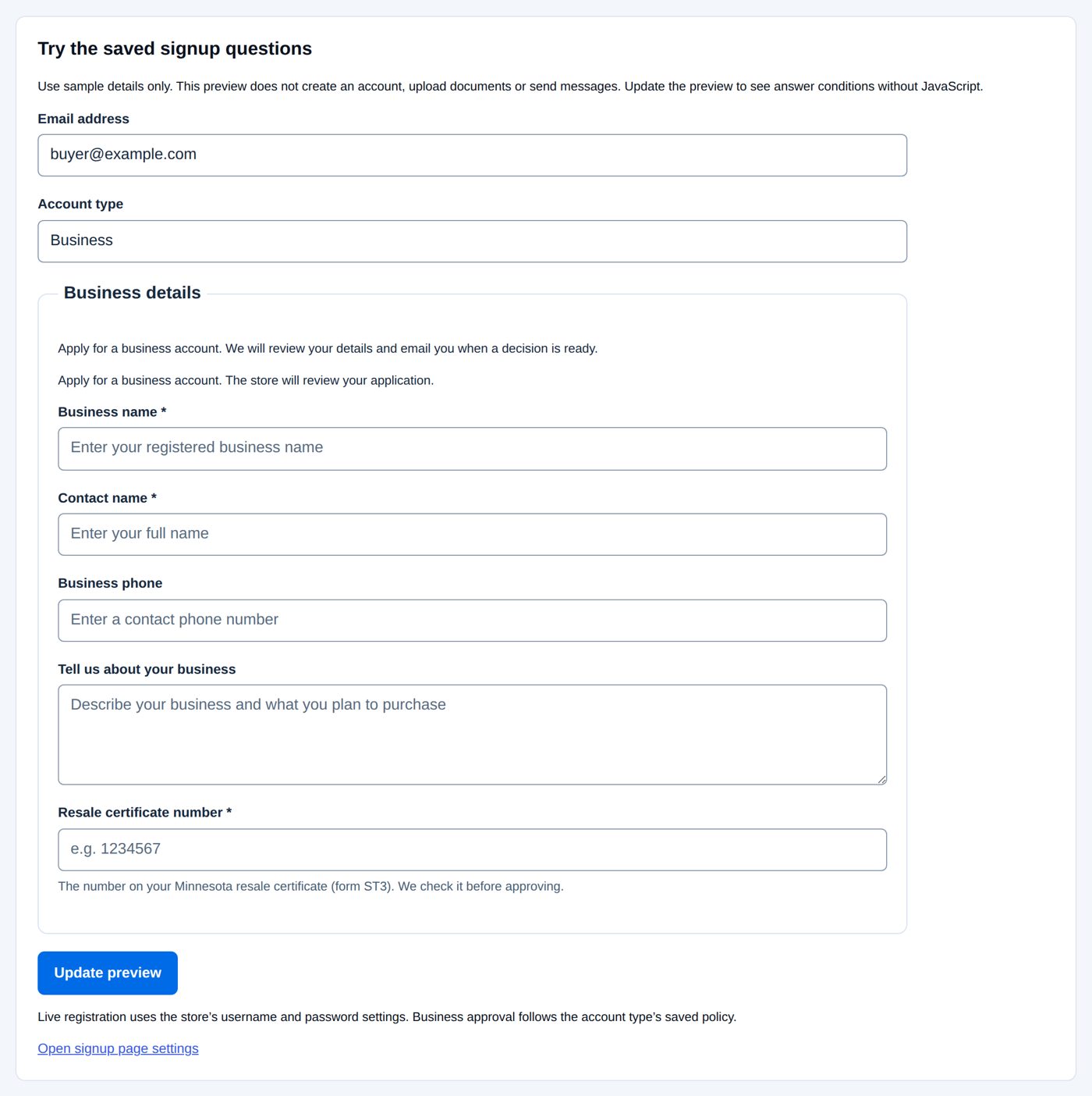 Customer preview with the Business account type