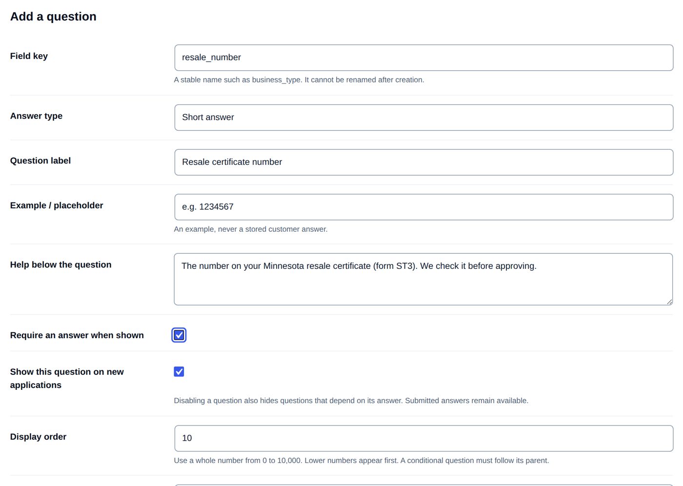 Questions & fields → Add a question, filled in