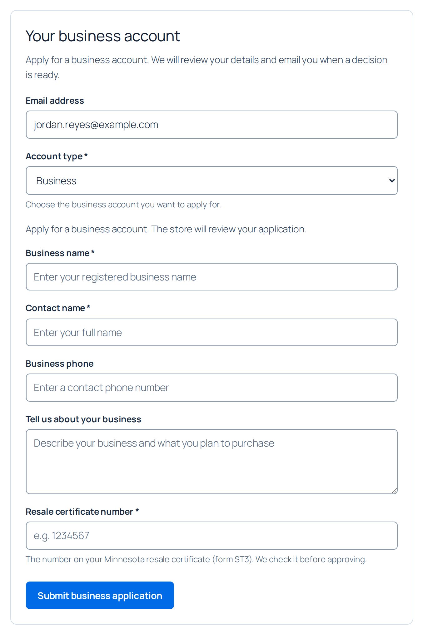 The signup page for a customer who has not applied