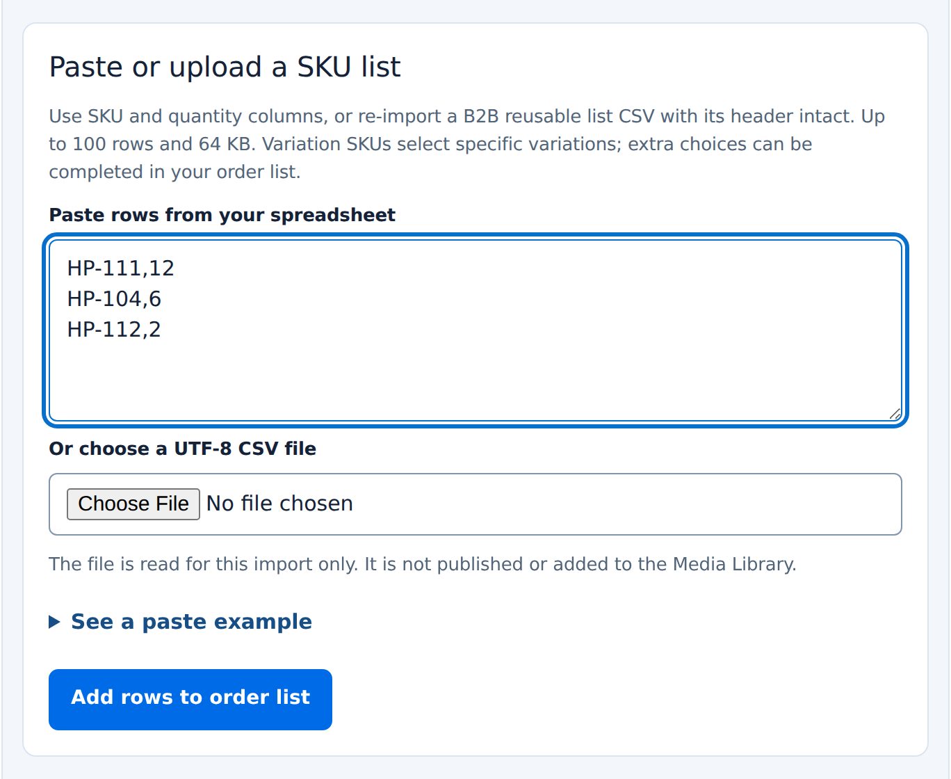 Paste or upload a SKU list: three SKU lines