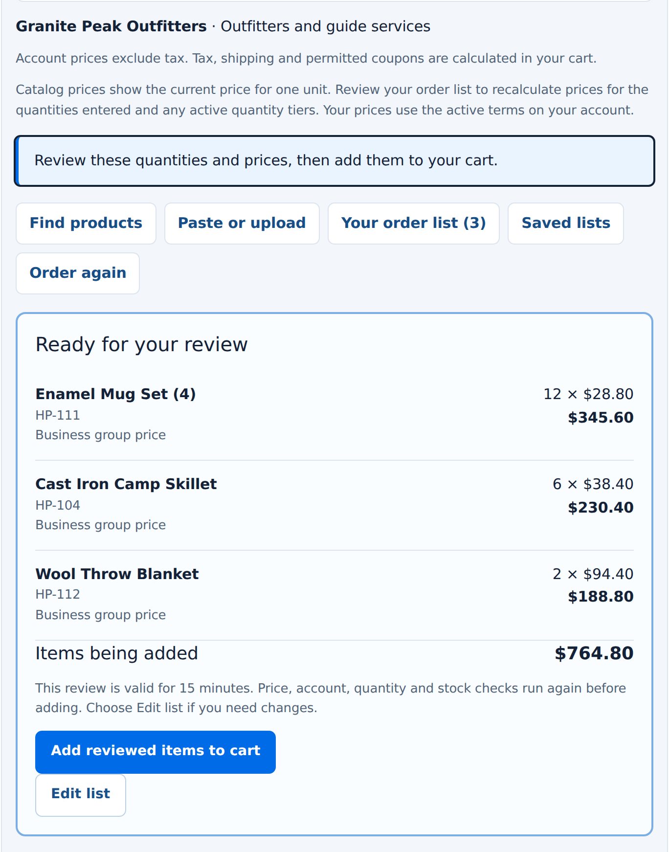 Review quantities and prices