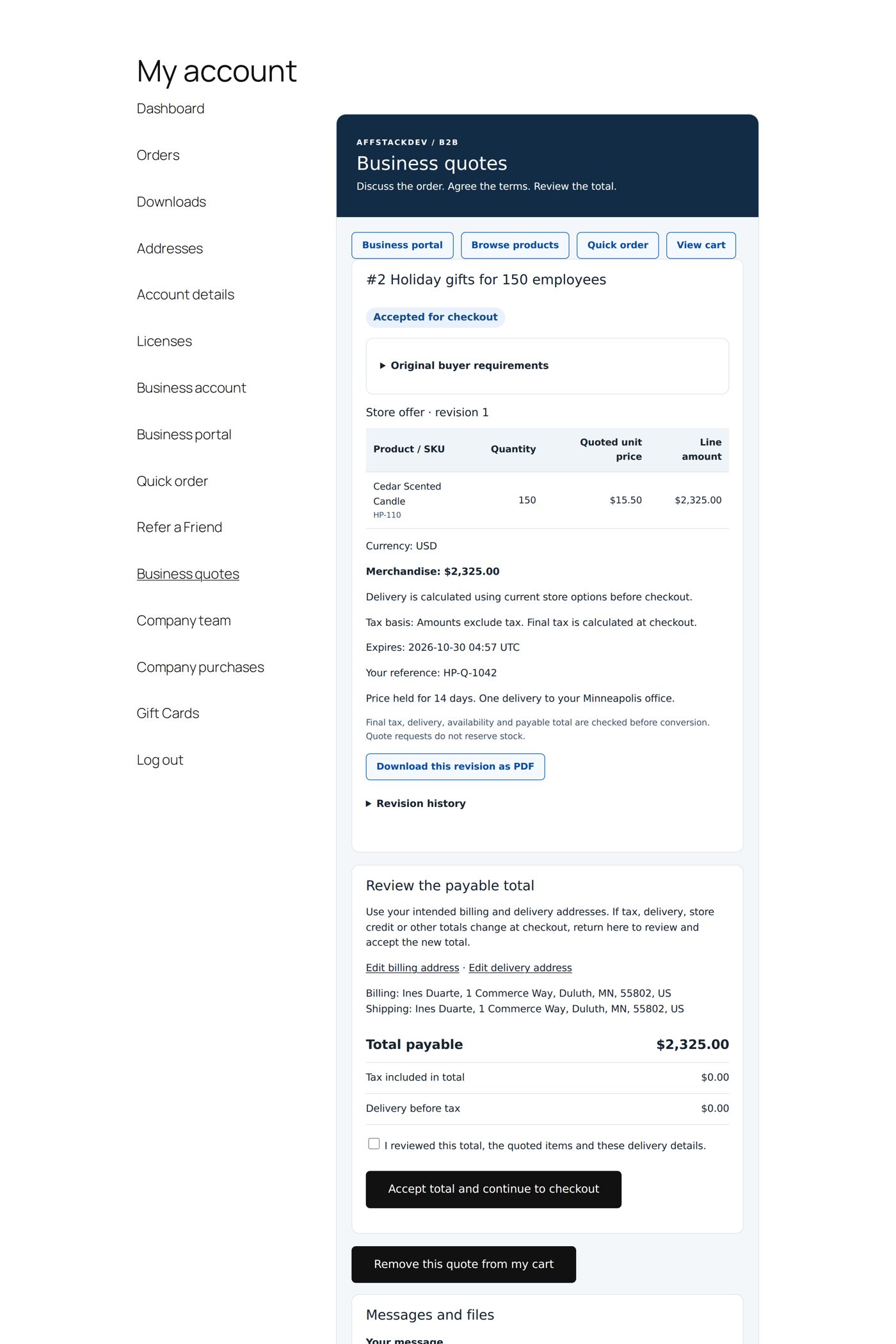 Accepted: the payable total to review before checkout