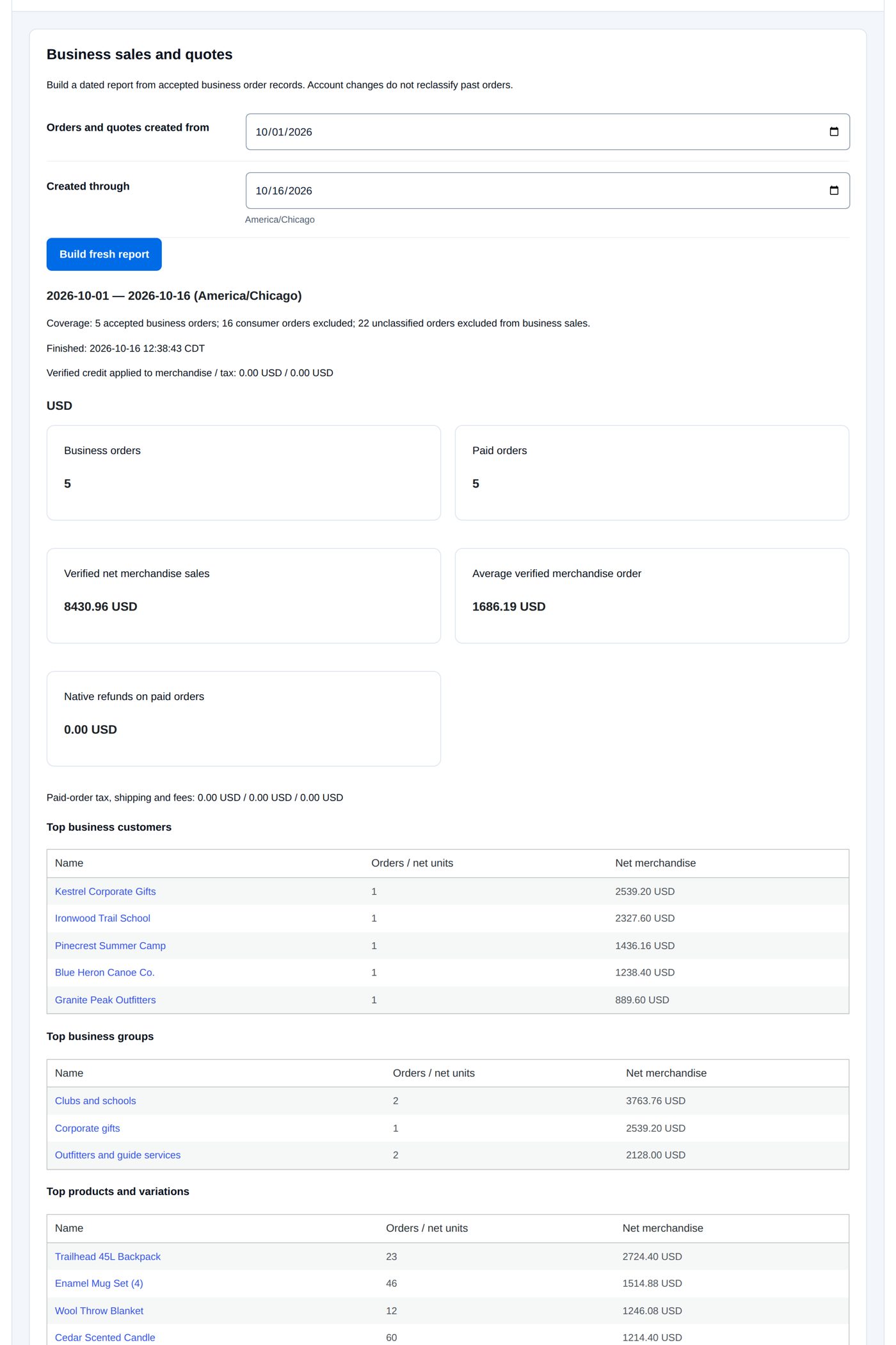 Sales reports: a report built for the month so far
