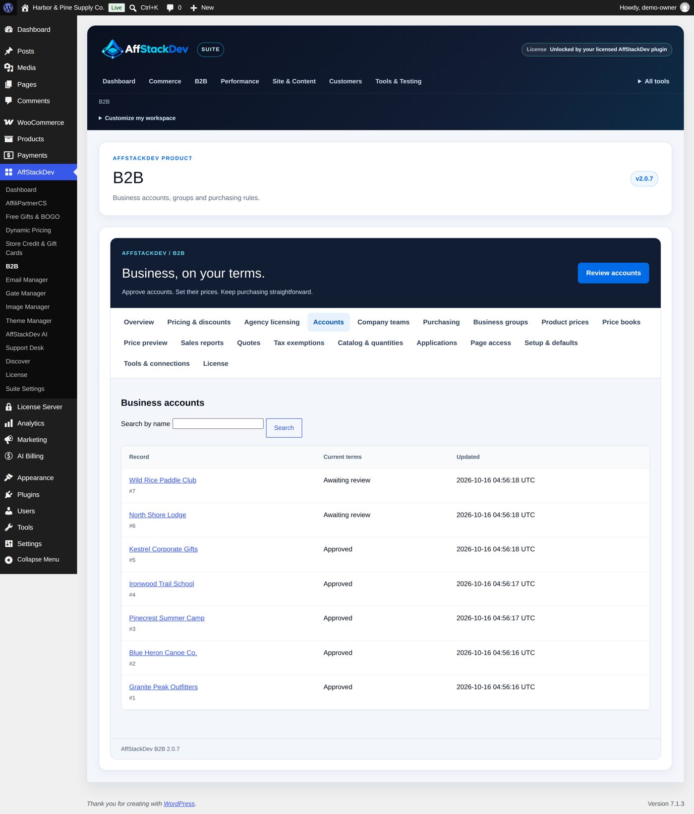 Accounts: every business account with its state