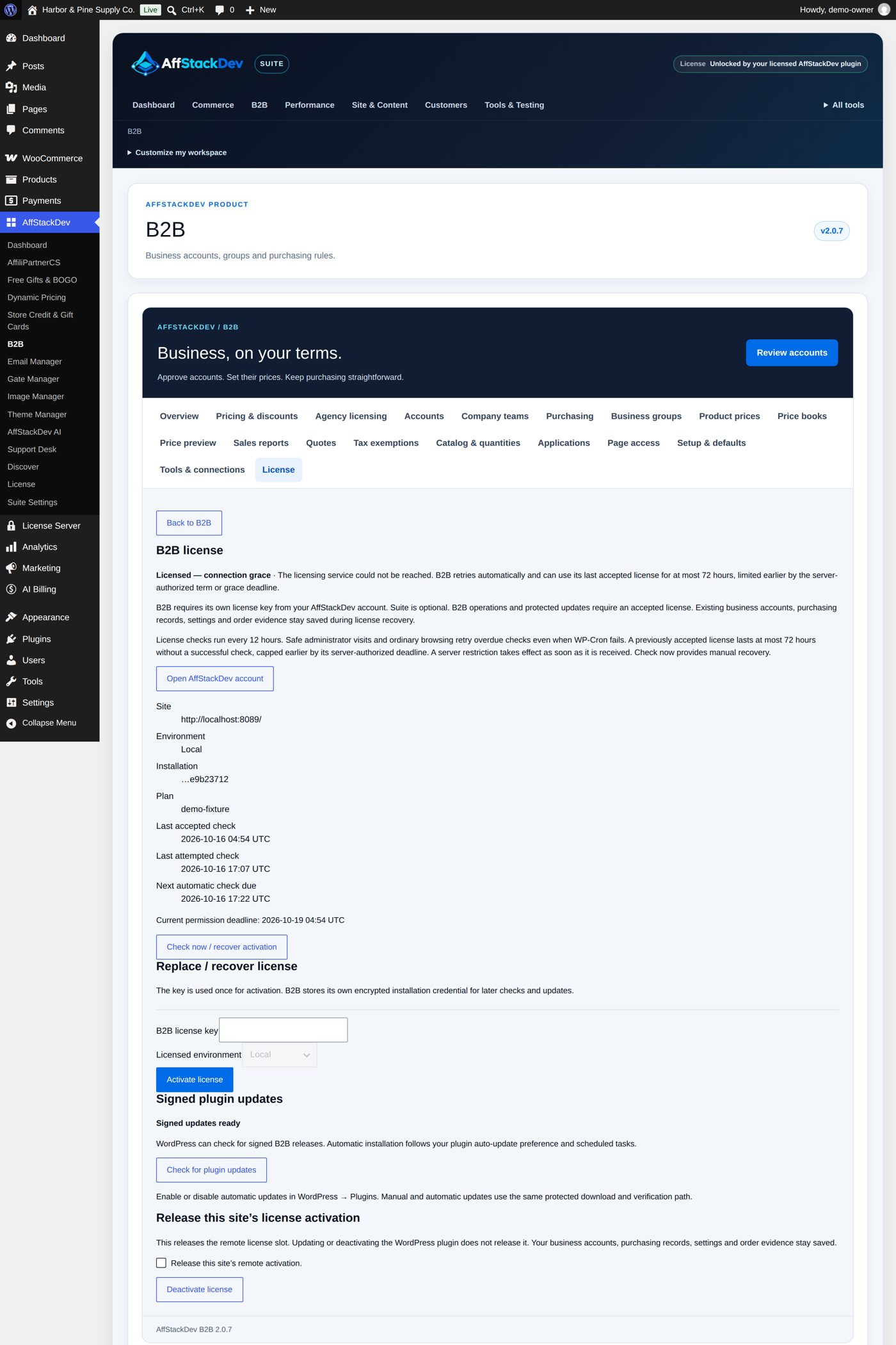 B2B's License screen: the key, the environment, the status and the check and release actions