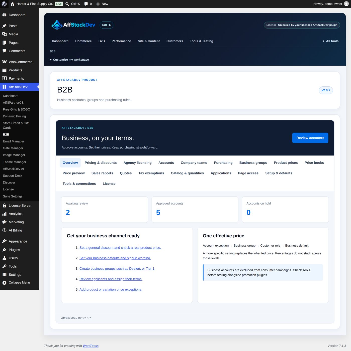 B2B's sections, with the Overview