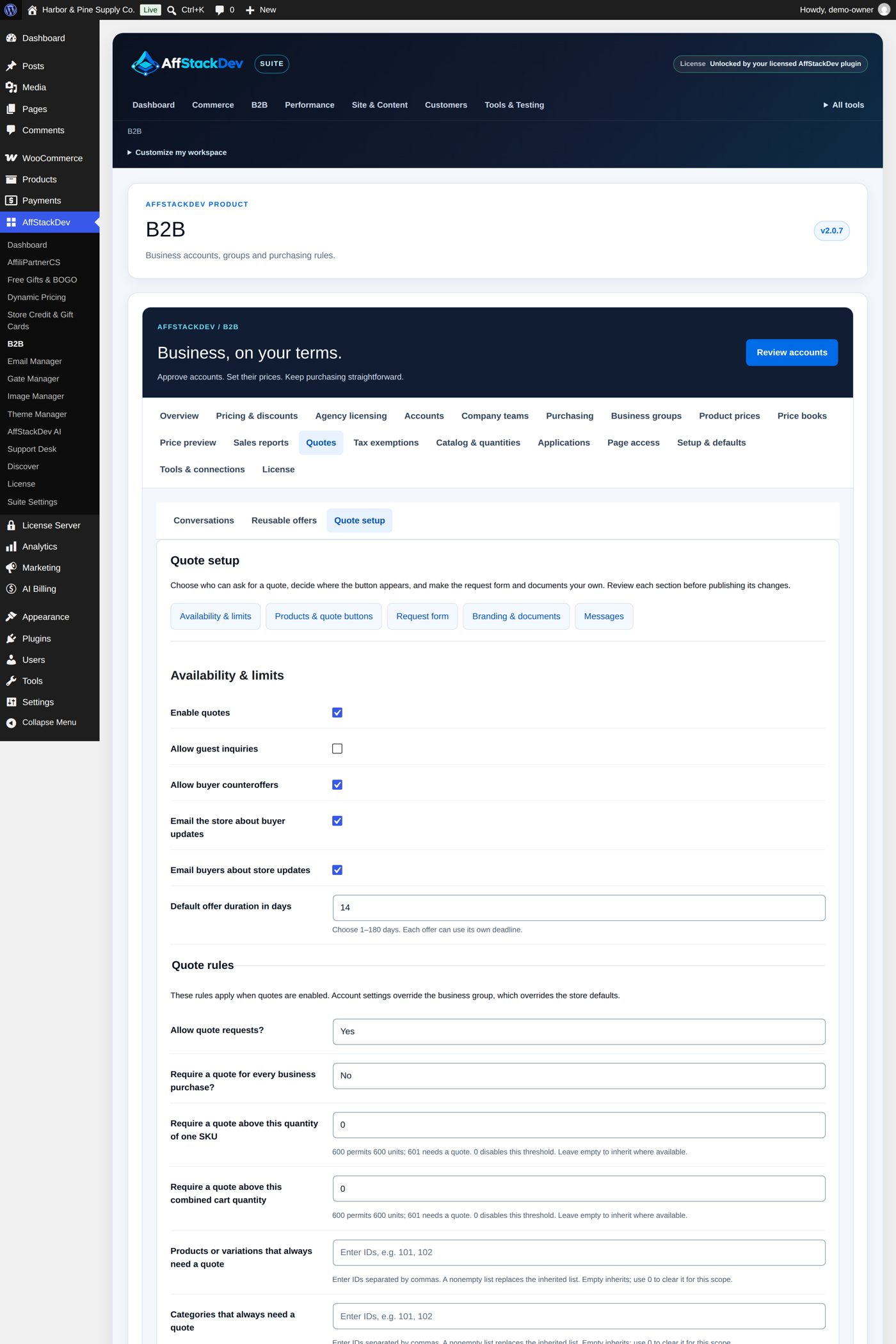 Quotes → Quote setup → Availability & limits