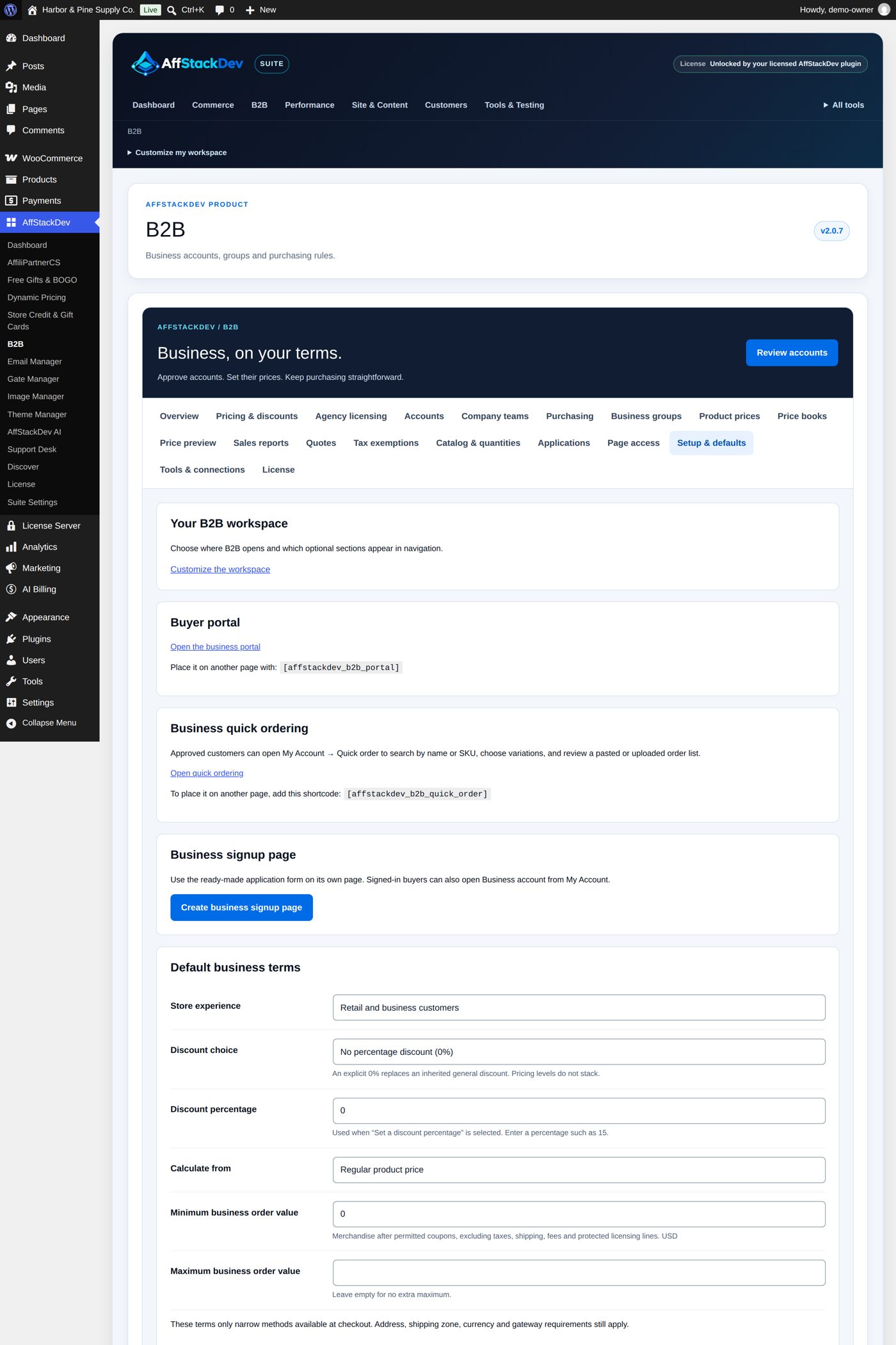 Setup & defaults: the workspace, the portal, quick ordering, the signup page and the default business terms