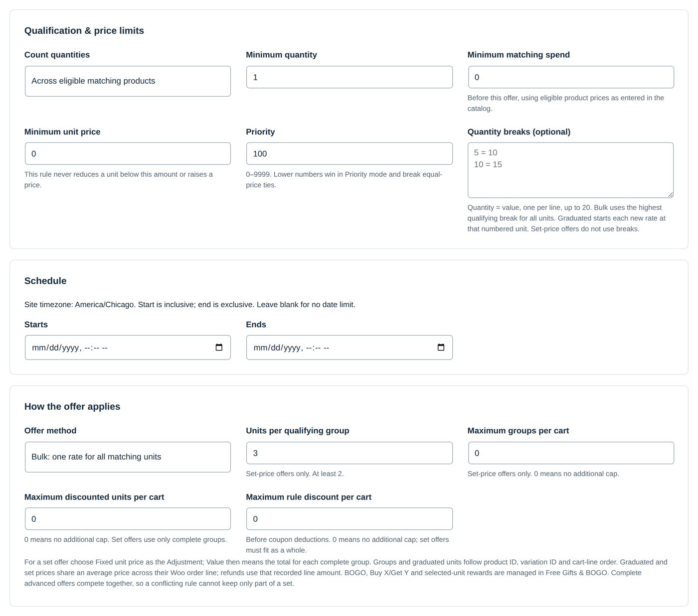 Qualification & price limits, Schedule and How the offer applies, as a new rule starts