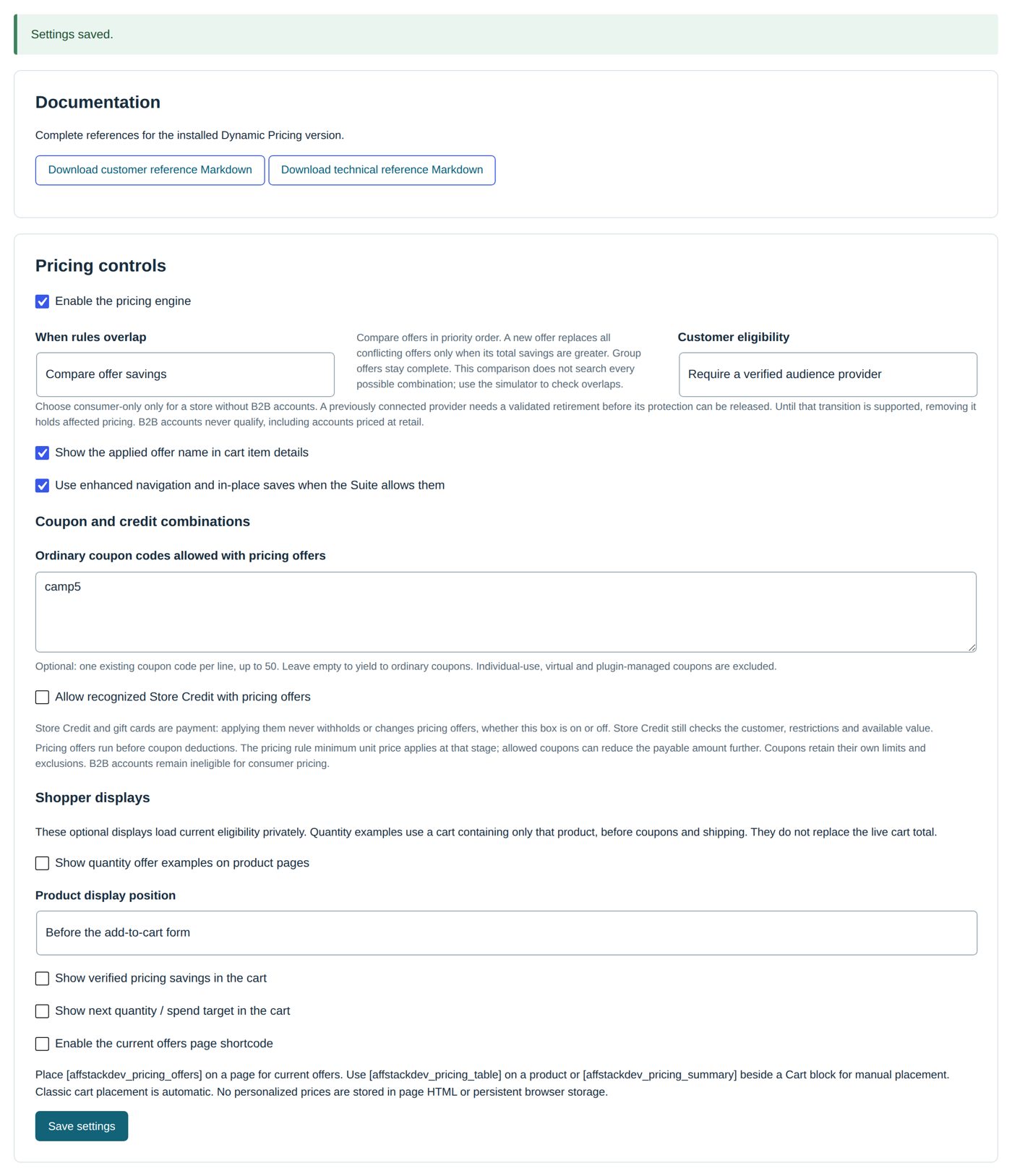 Settings & integrations: camp5 allowed with pricing offers