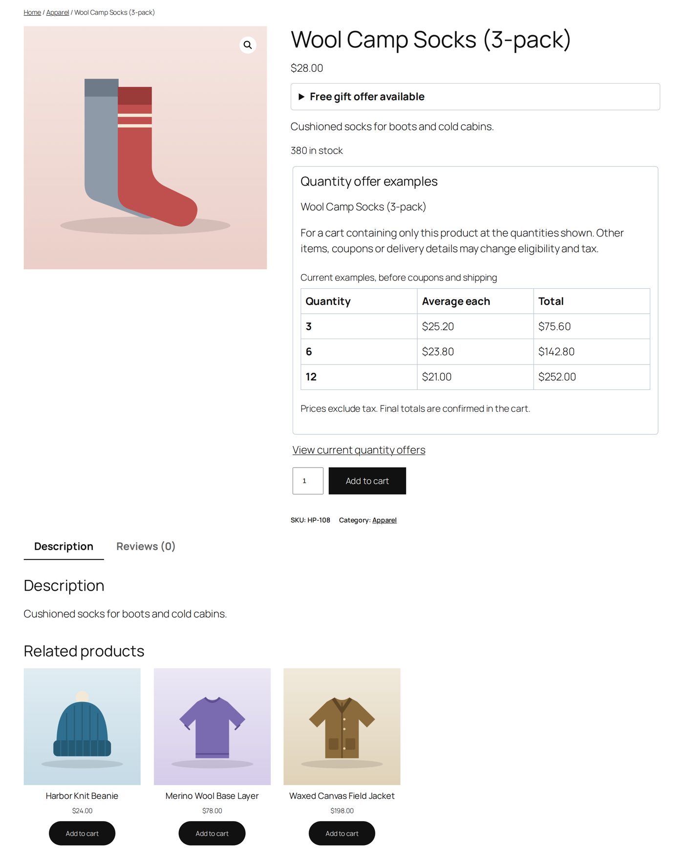 The socks' product page with its quantity table