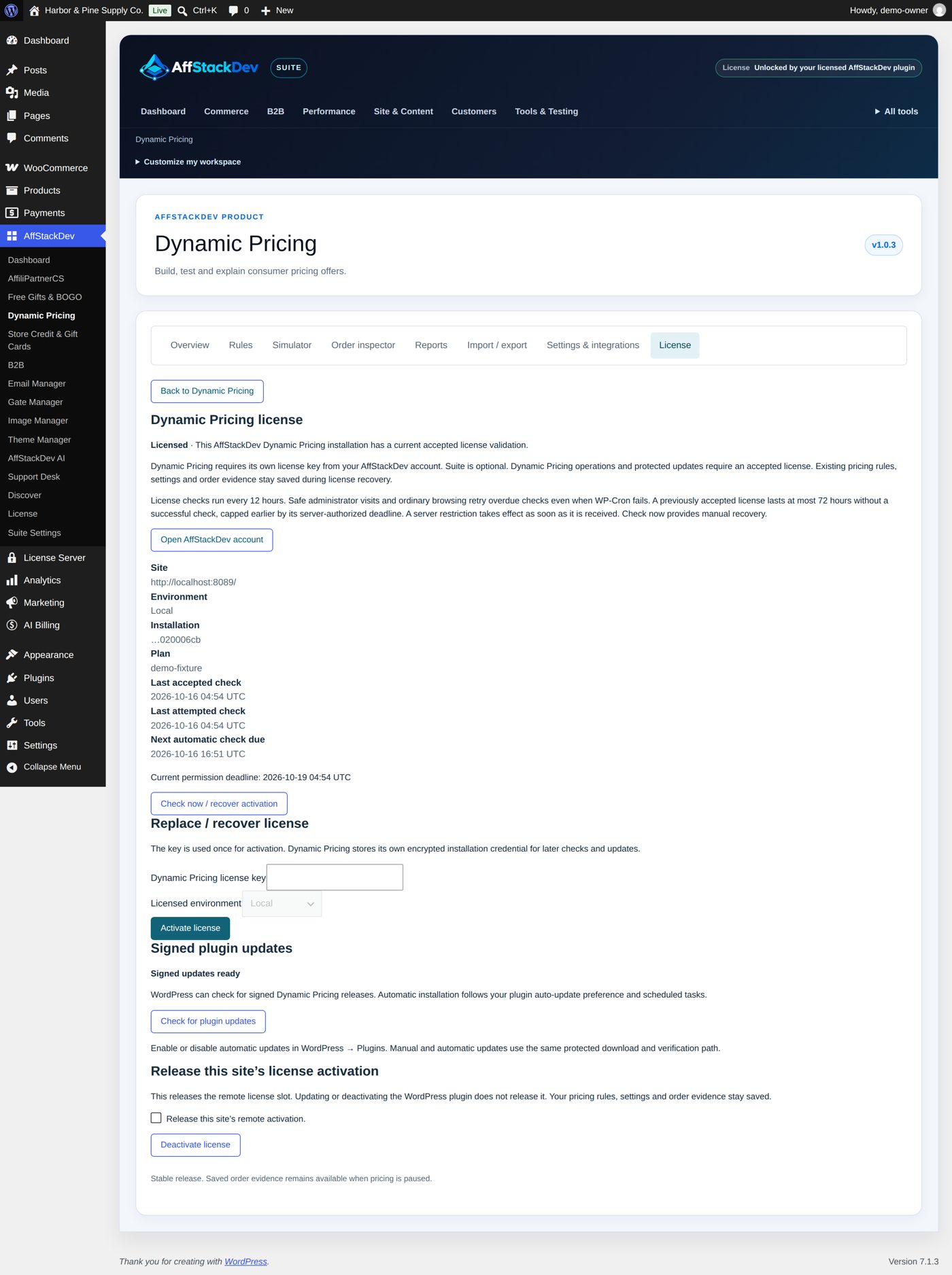Dynamic Pricing's License screen: the key, the environment, the status and the check and release actions