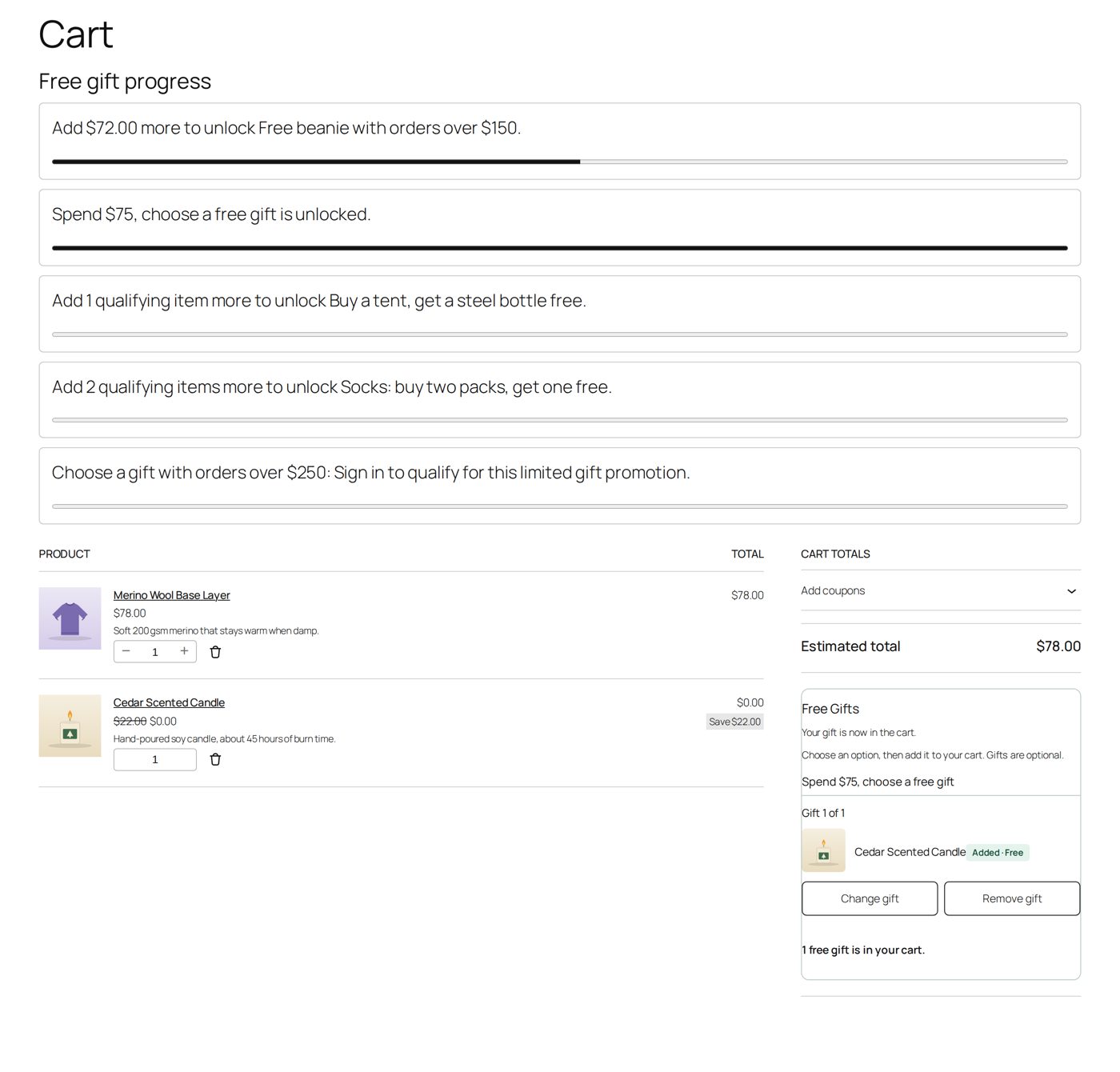 The candle chosen: in the cart for $0.00, with Change gift and Remove gift