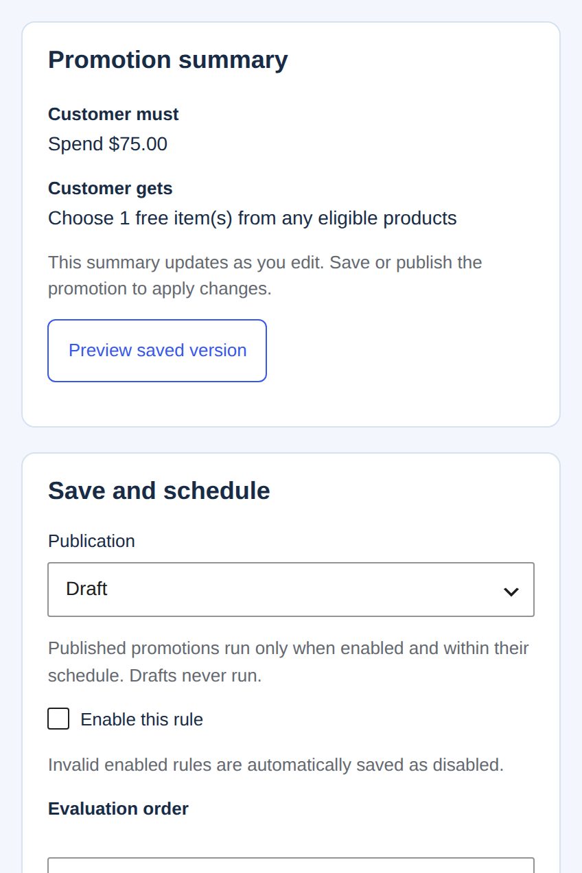 The saved draft: the summary in plain words, Publication Draft, Enable this rule not ticked