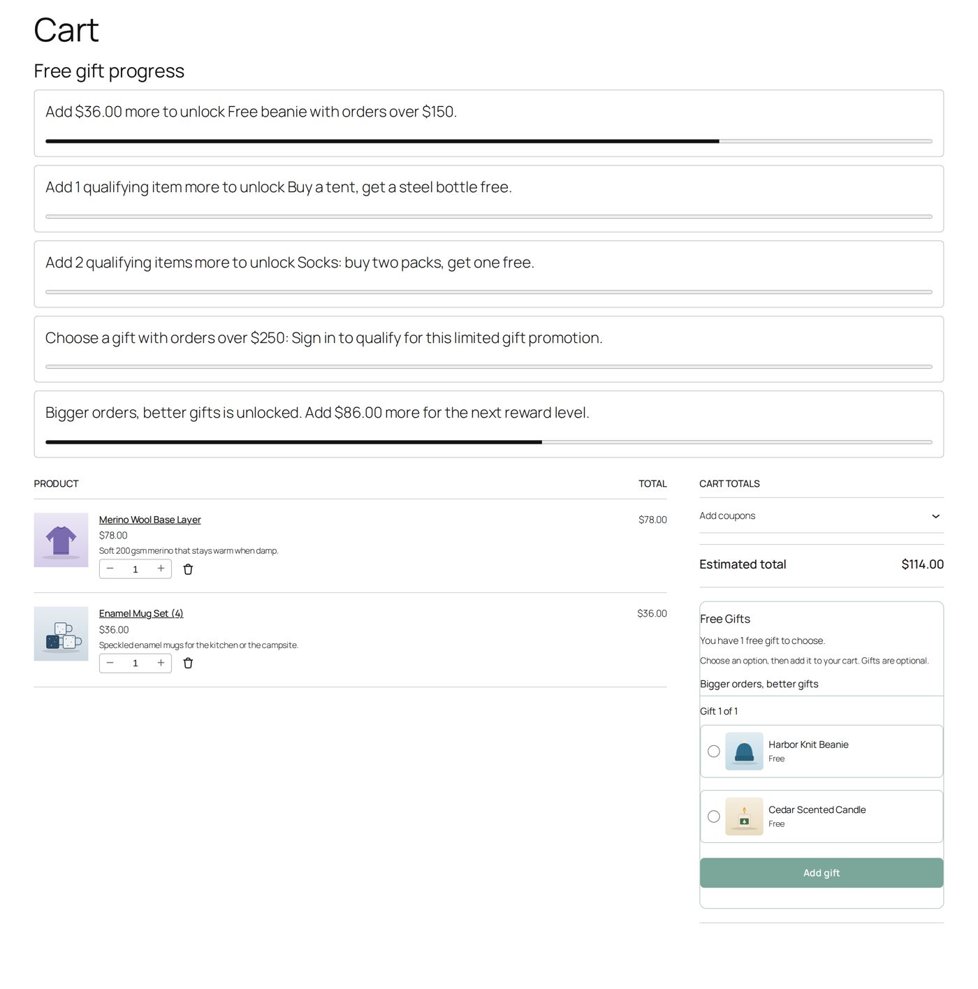 A $114 cart: level 1, one gift up to $25, and how much more for level 2