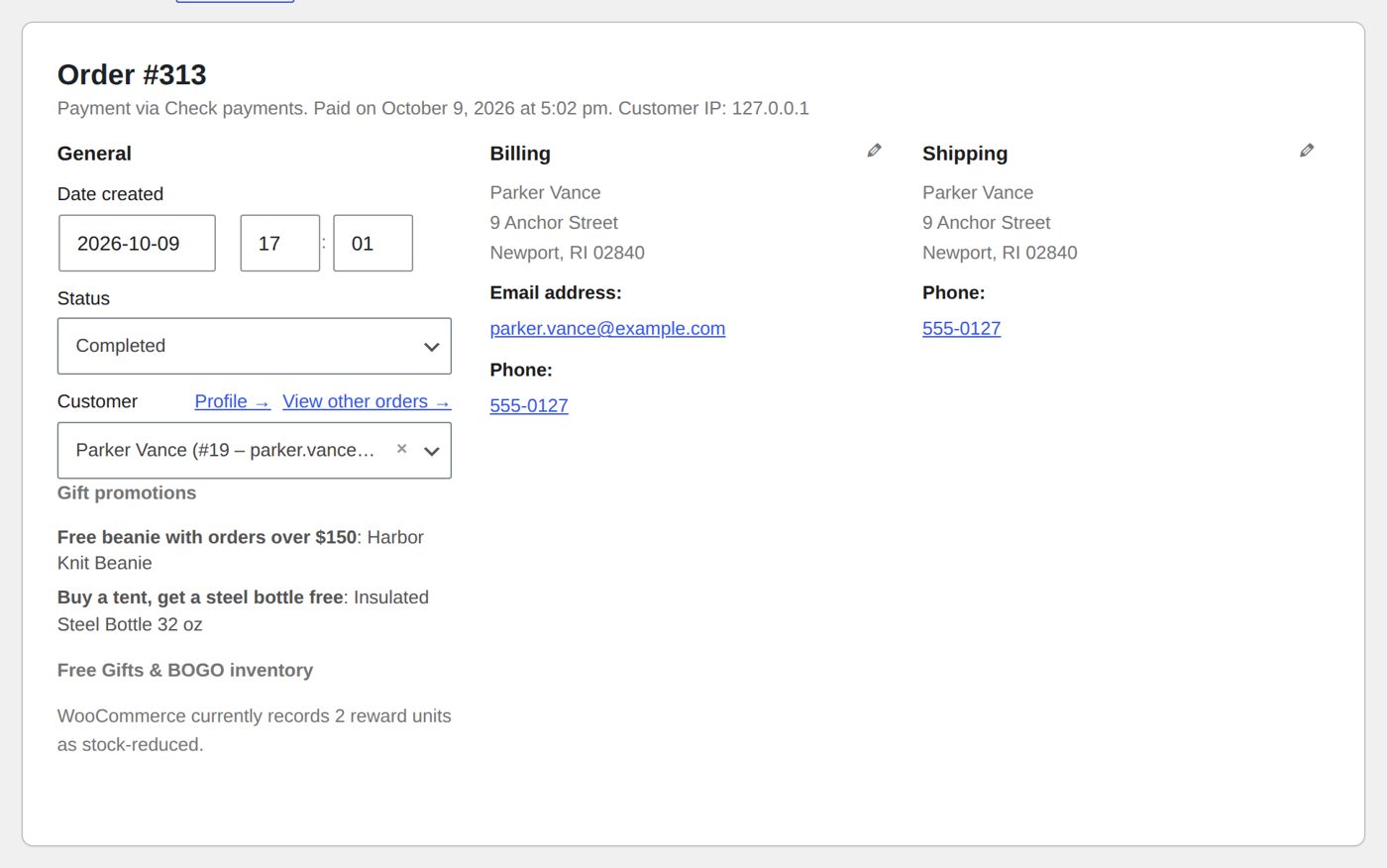 The order's details: the gift promotions with their products and the stock line