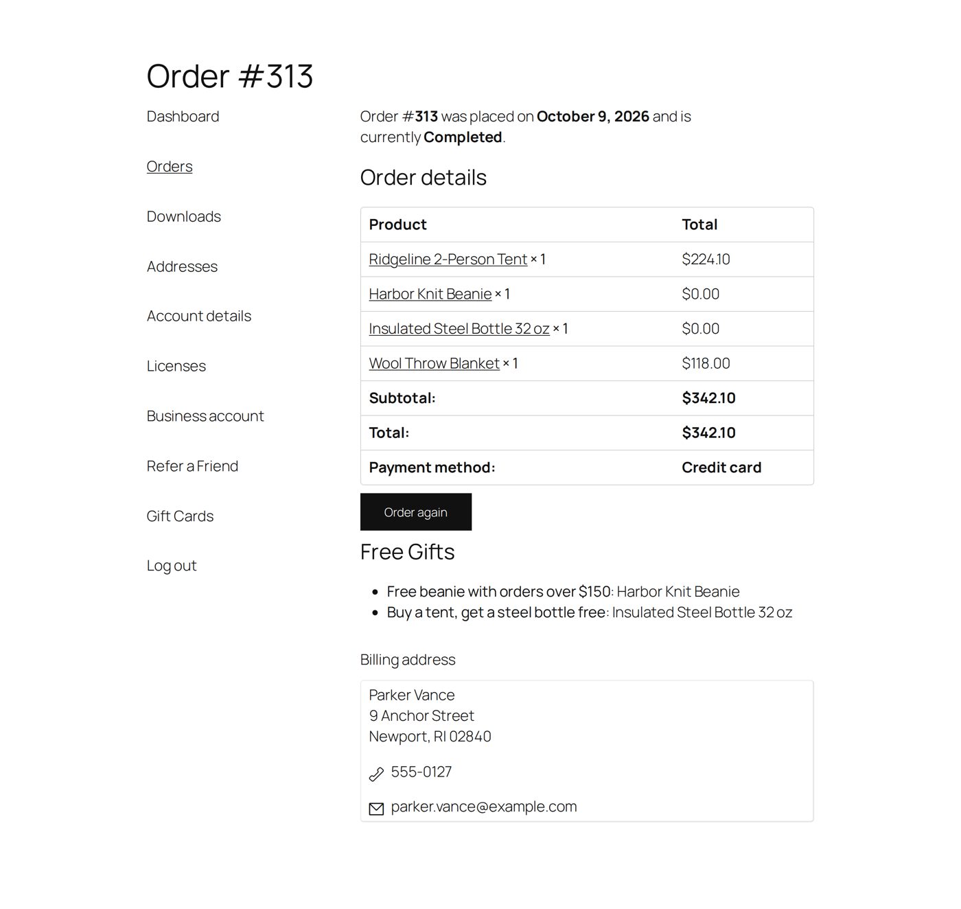 The order in the customer's My Account: the free items and the Free Gifts list