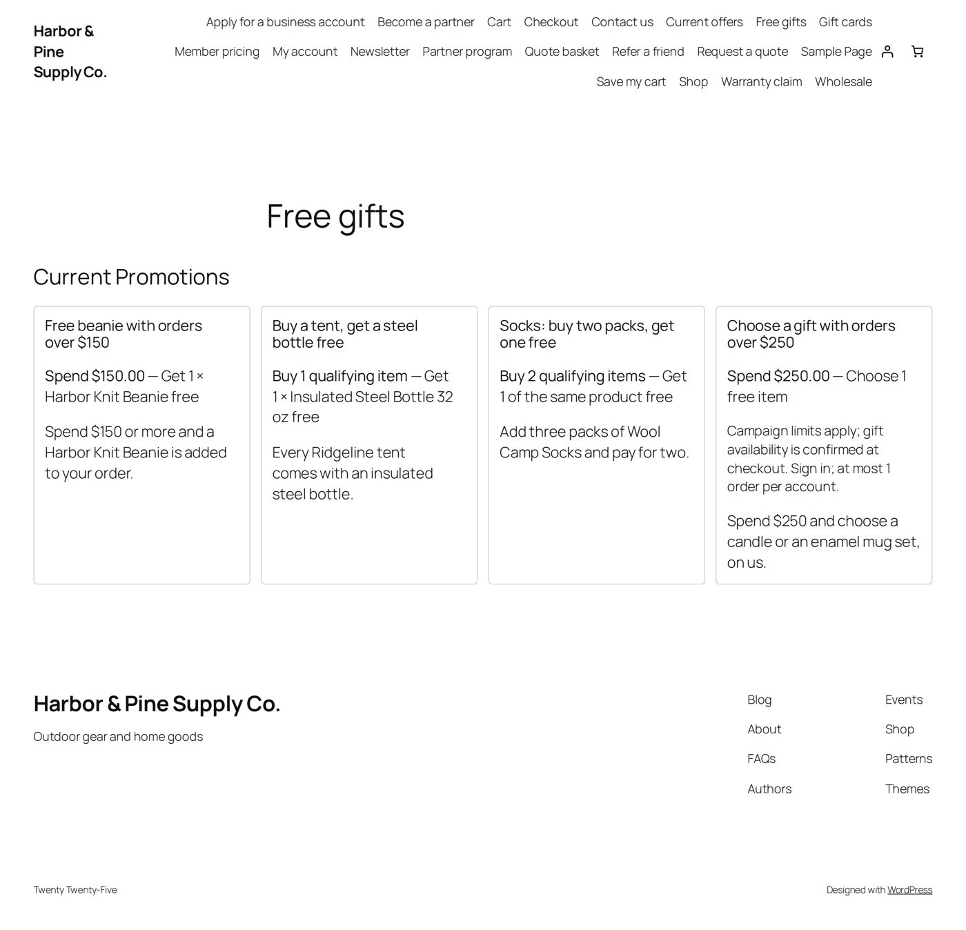 Harbor & Pine's Free gifts page: the four running promotions