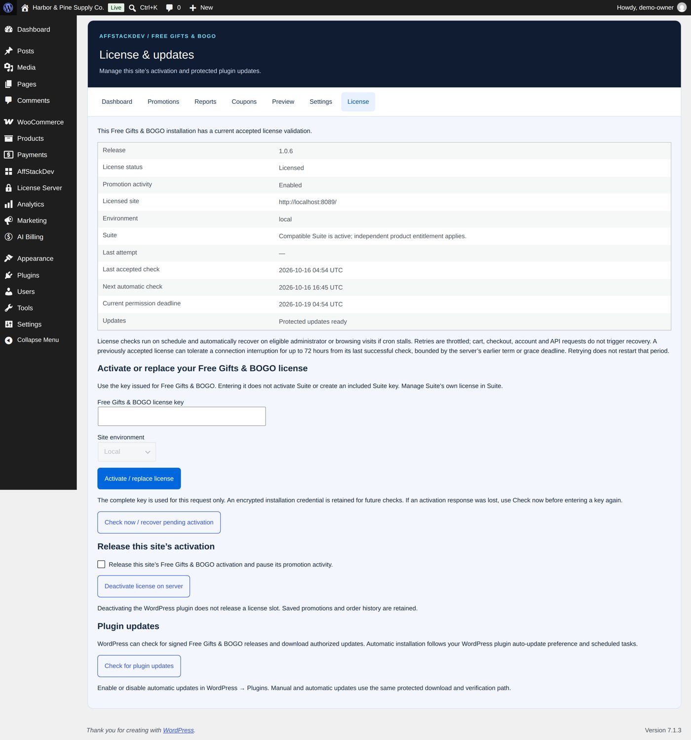 Free Gifts & BOGO's License screen: the key, the environment, the status and the check and release actions