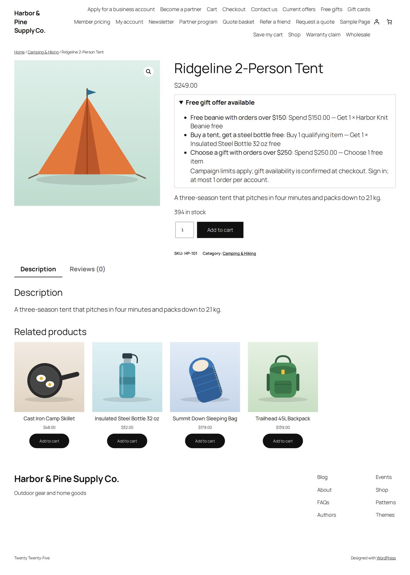 A product page: the Free gift offer available box opened, with the three promotions the tent takes part in