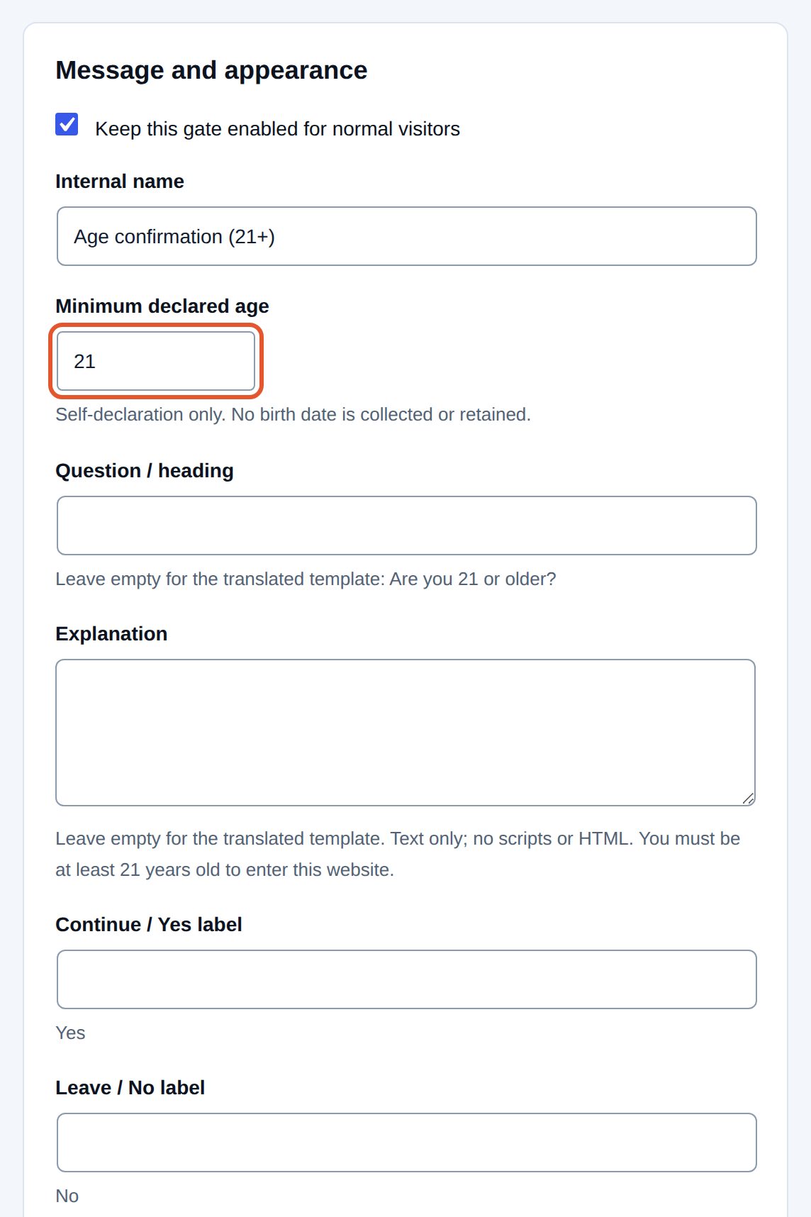 Message and appearance: the minimum age is 21; the empty fields show the wording that will be used