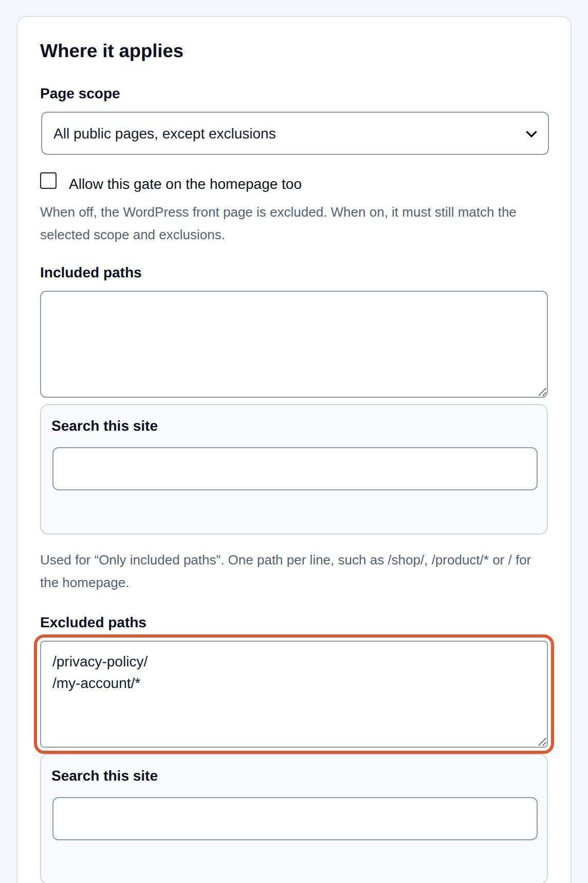 Where it applies: all public pages except the home page and the two excluded paths; signed-in visitors are not asked