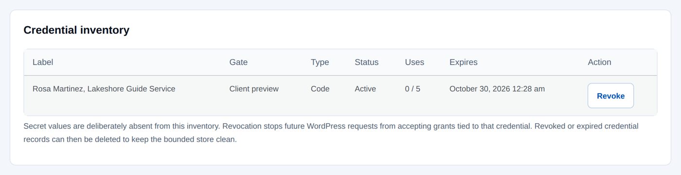 The Access tab: Rosa's code, active, used 0 of 5 times, with its end date